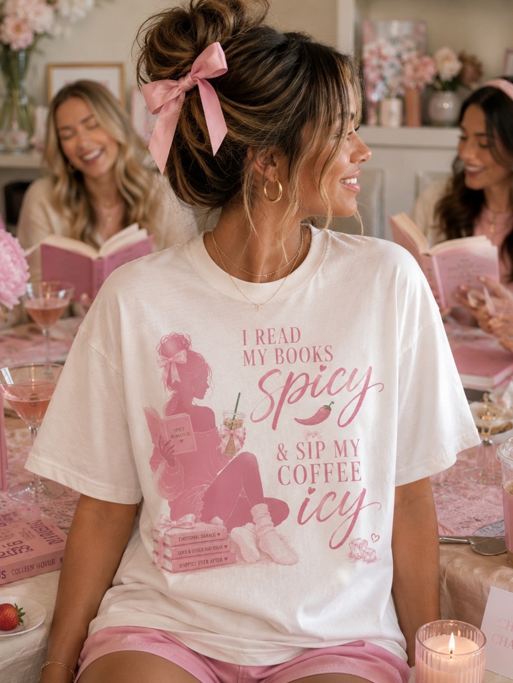 White Graphic Tee with Pink Bookish Script S-5x